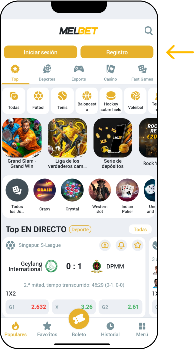 Abre la app y presiona “Regístrate” - App Melbet Colombia