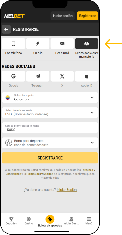 Registro en redes sociales y Messenger - App Melbet Colombia