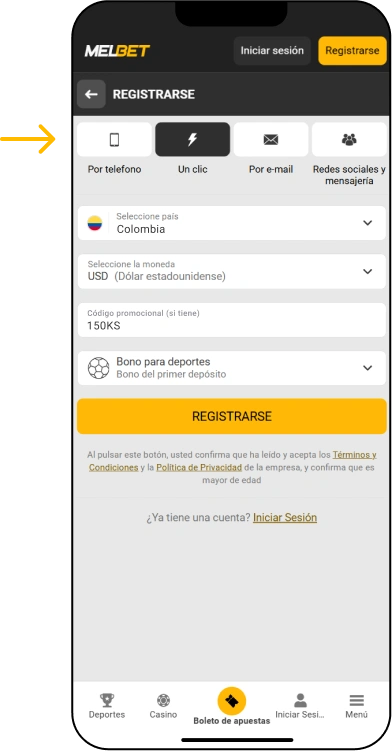 Registro instantáneo (un clic) - App Melbet Colombia