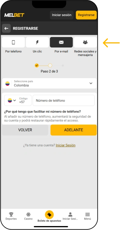 Registro por correo electrónico - App Melbet Colombia