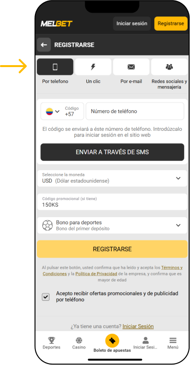 Registro por teléfono - App Melbet Colombia